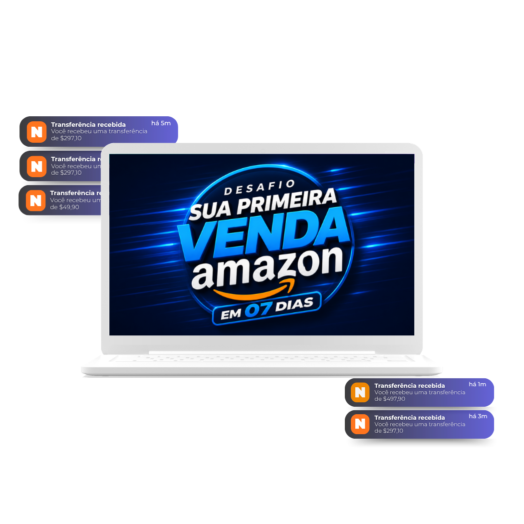 Notebook com o Desafio Sua Primeira Venda na Amazon e notificações de vendas